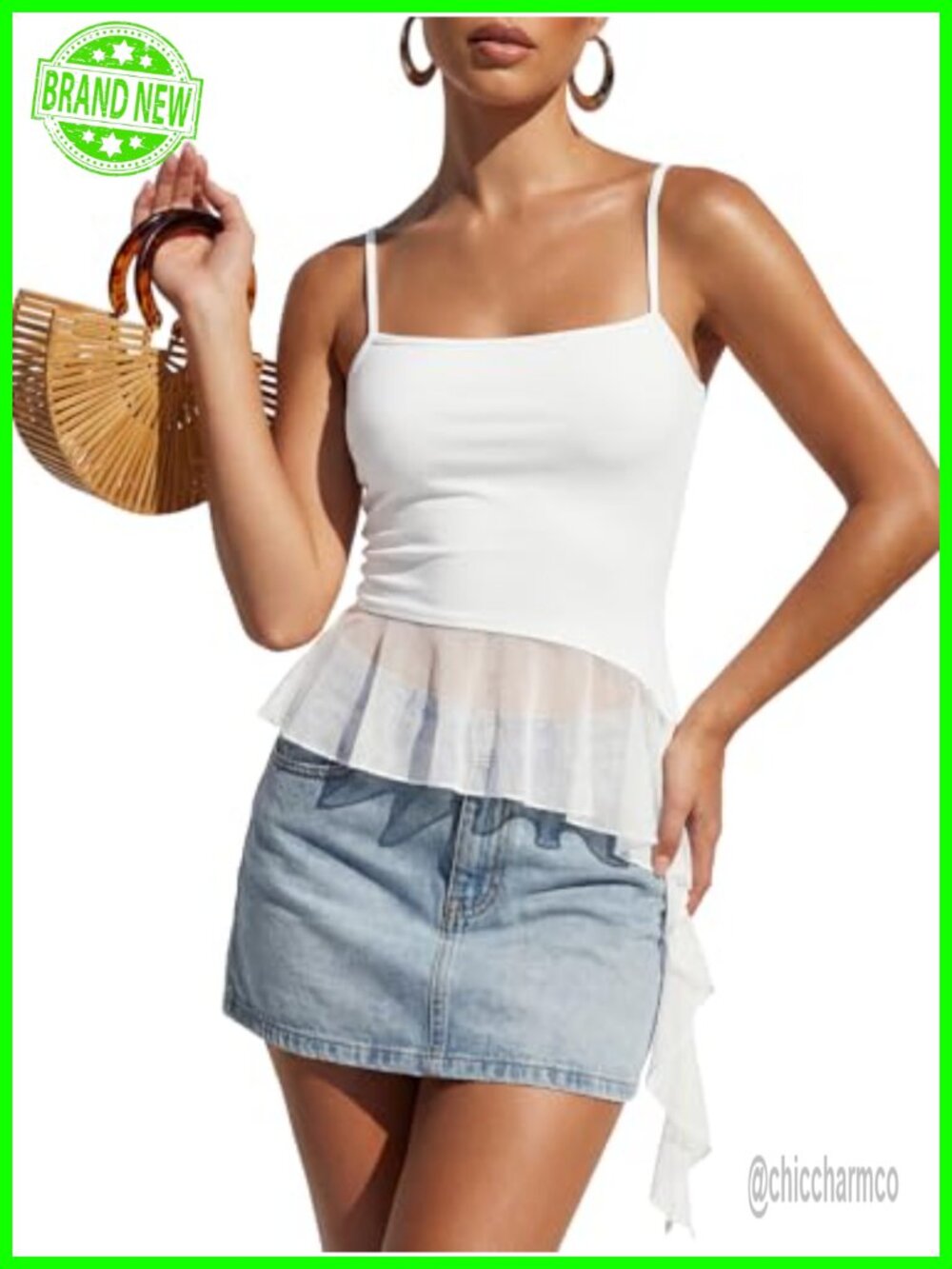 Spaghetti Strap Mesh Cami Top Asymmetric Ruffle Hem Square Neck